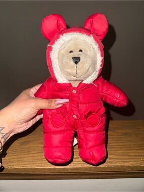Red Plush Bear in Hooded Snowsuit - Kids Toy